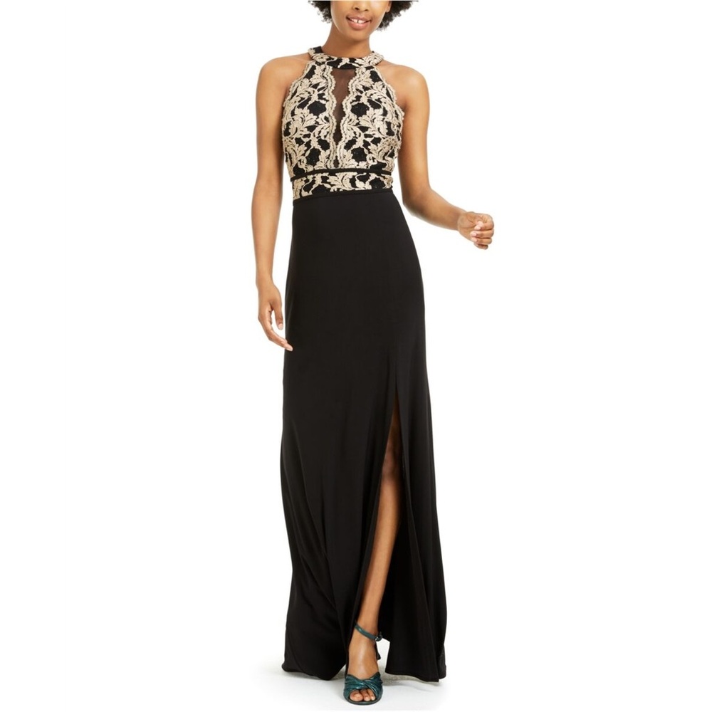 Morgan & Co Womens Juniors high neck black gold glitter lace prom dress size 5/6
